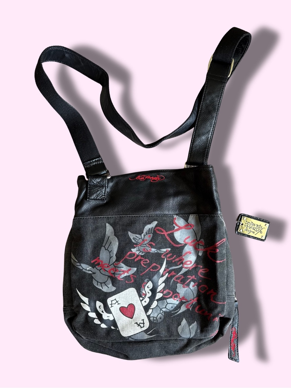 Ed Hardy Love Is A Gamble Black Denim Leather Saddle Crossbody Bag Y2K - Picture 4 of 9